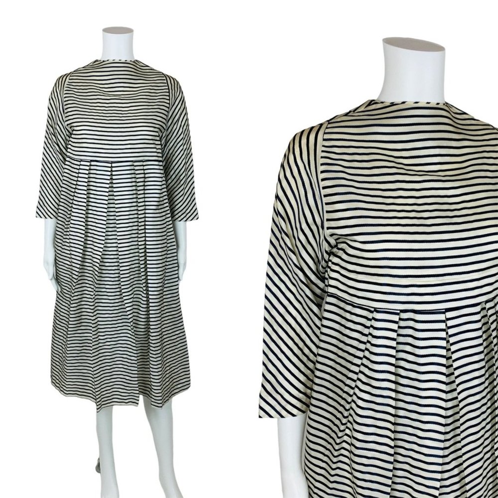 Vintage 60s Navy Striped Coat Button Back Cocktail Dress Cover By Peer S